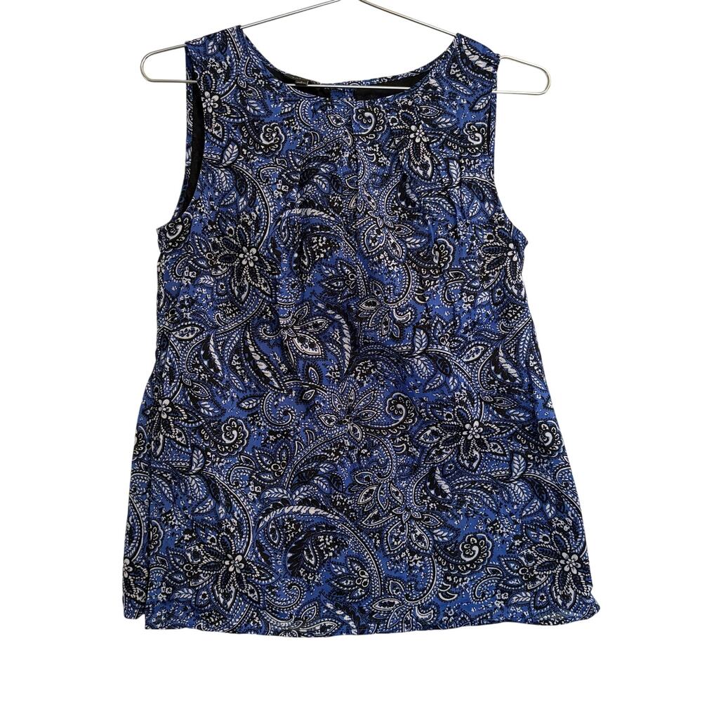 Talbots Blue, Black & White Floral Print Cotton Sleeveless Top 4